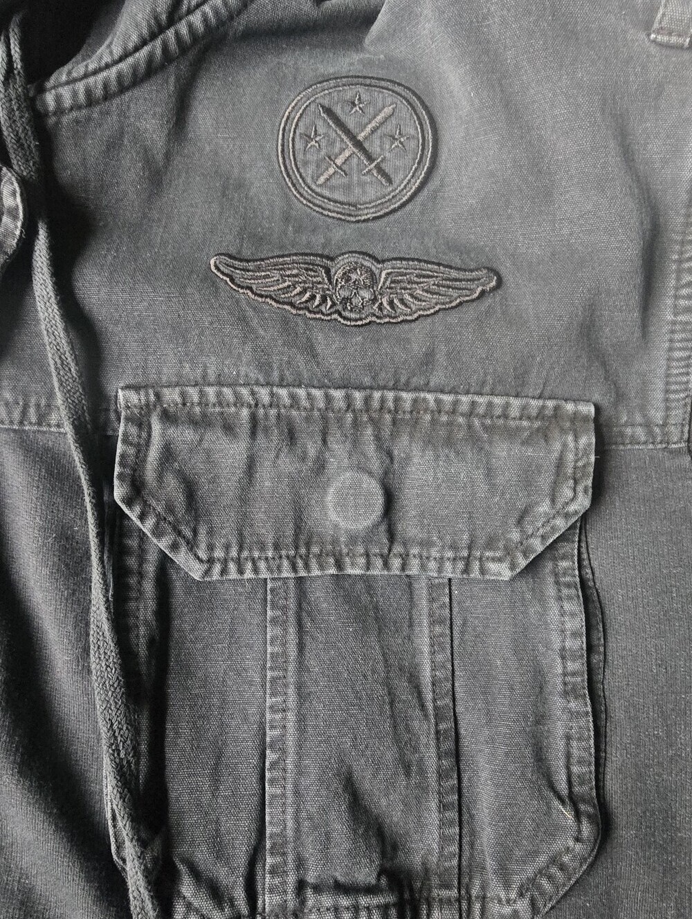 RARE VTG Affliction hybrid hooded denim jacket Mens 2X Full-zip, Black, Y2K - Picture 16 of 16